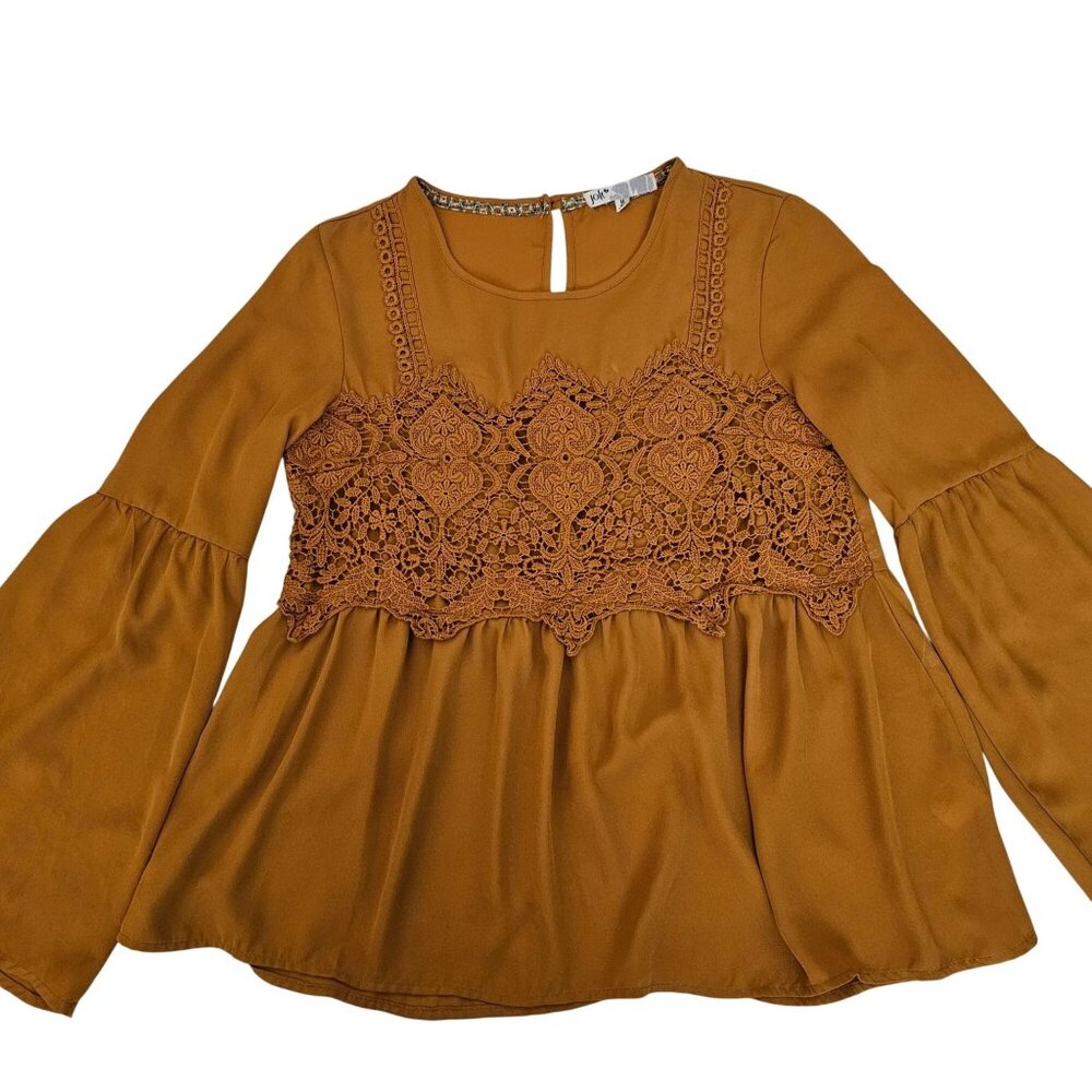 Jolt Rust Orange Crochet‎ Lace Detail Bell Sleeve Peasant Style Blouse Sz Medium - Picture 4 of 12